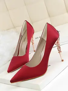 Luxury Satin Pointed Toe Stiletto Heels, Metal Carving High Heels for Spring & Fall, Elegant Sparkly Party Shoes, Casual Wear