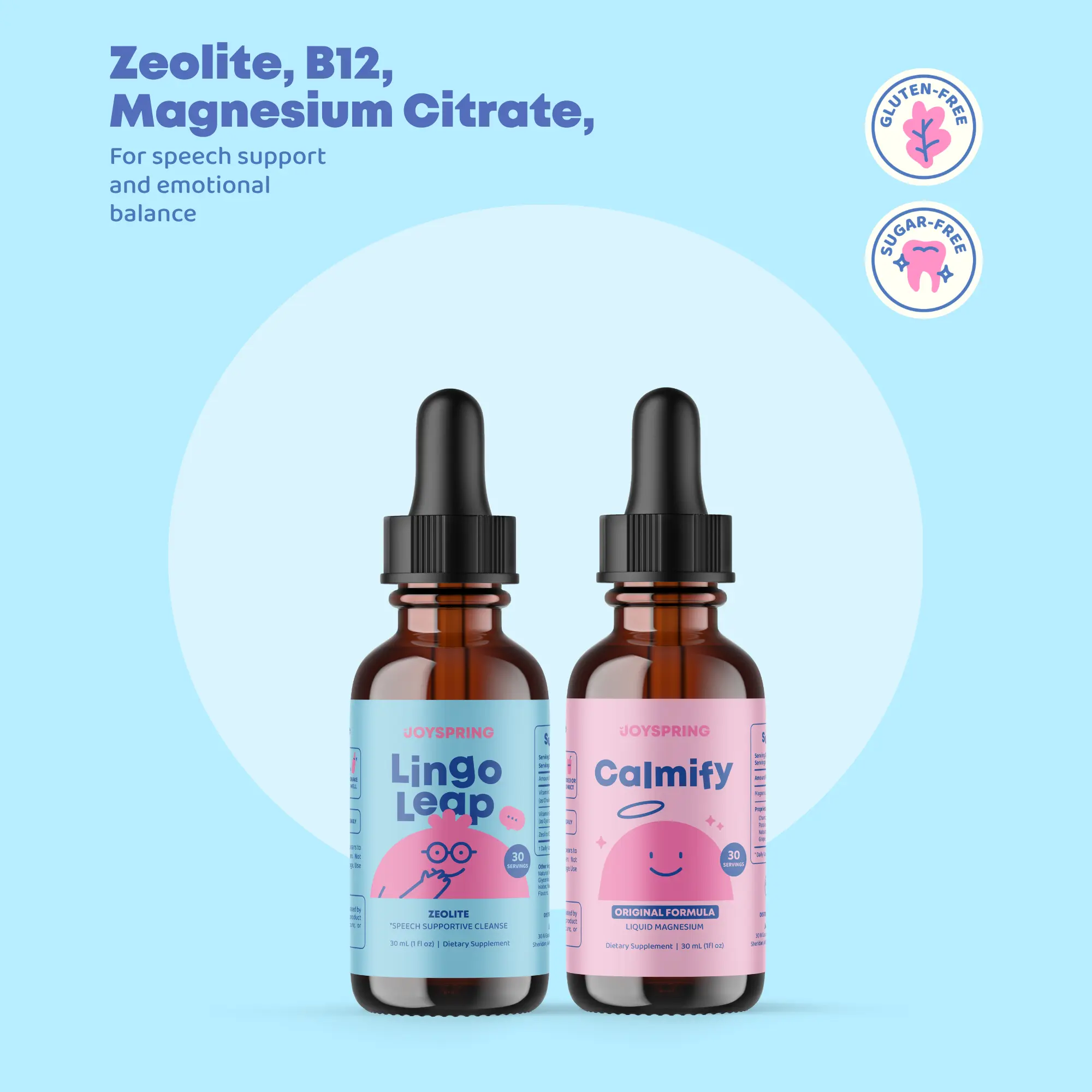 JoySpring Kids Bundle – LingoLeap Zeolite Drops with B Vitamins to Encourage Learning & Speech Development + Calmify Liquid Magnesium Citrate with Chamomile & Passion Flower for Gentle Calm Support