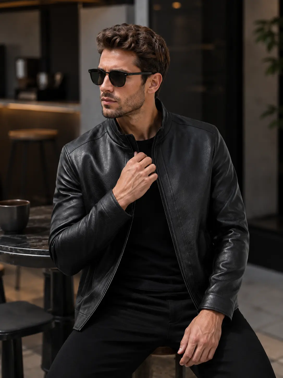 Men’s classic stand-collar PU leather jacket, spring/autumn retro motorcycle style, versatile black faux leather casual outerwear