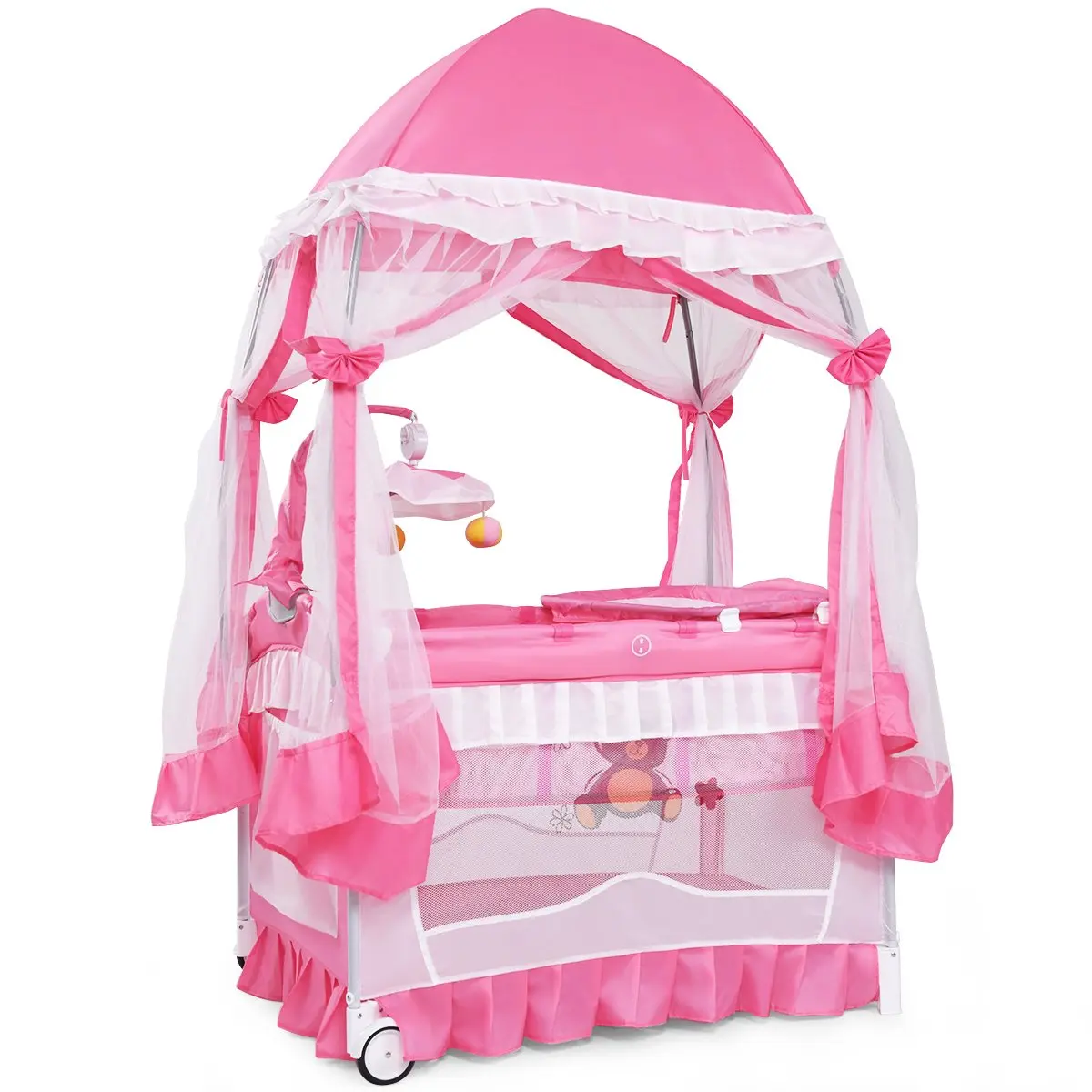 4 in 1 Pack and Play with Canopy, Portable Baby Playard with Bassinet, Double-Layer Baby Crib, Wheels & Brake, Foldable Baby Girl Pink Princess Bassinet from Newborn to Toddler Gift Season BlackFriday Friends Giving