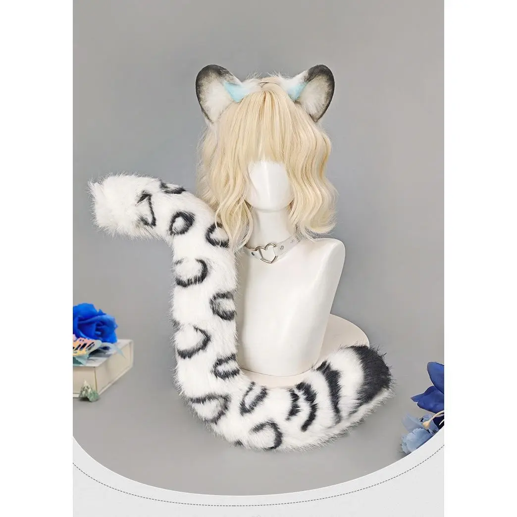 Handmade Snow Leopard Furry Ears Headband & Tail Set, Cute Plush Costumes Accessories, Tail Costume for Night Party Cosplay