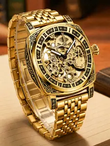 Men's Steel Band Luminous Engraved Design, Cool Hollow Out Automatic Mechanical Watch, Stylish and Versatile Wristwatch, Skeleton Watches