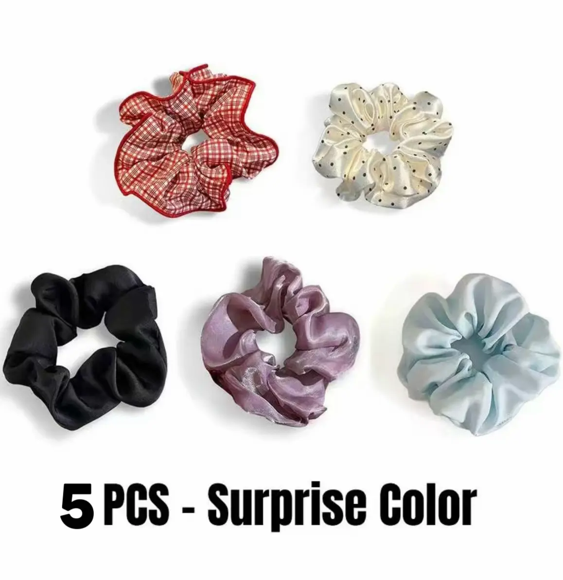 5pc Set Satin Elastic Band Scrunchie Hair Accessories, Portable Everyday Stress-Relief Fidget Accessory | Free Gift With $20 Purchase