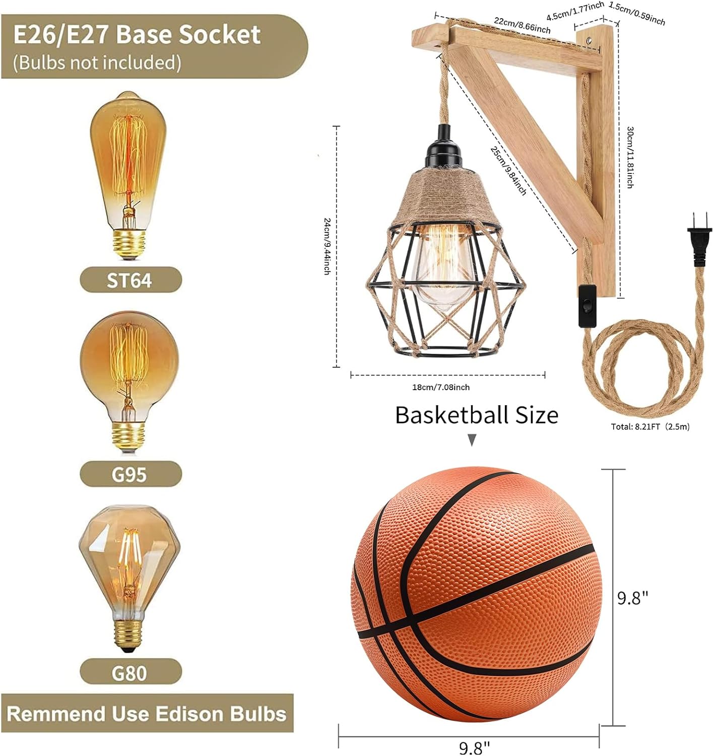 Frideko Home Wall Lamp with Plug in Cord - Farmhouse Hanging Lamp, Rustic Metal Cage Shade, Wood Shelf Bracket, E26 Socket, 110V-120V, US Plug, Living Room, Bedroom Decor