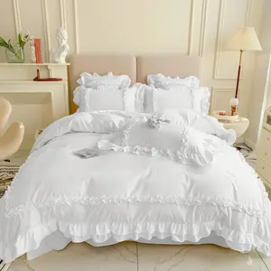 Girls Lace Bedding,  Comforter Cover Set, Chic Ruffled Duvet Cover with 2 Layers Ruffle,Princess Style 1 Duvet Cover with 2 Pillowcases, No Comforter-White, Size