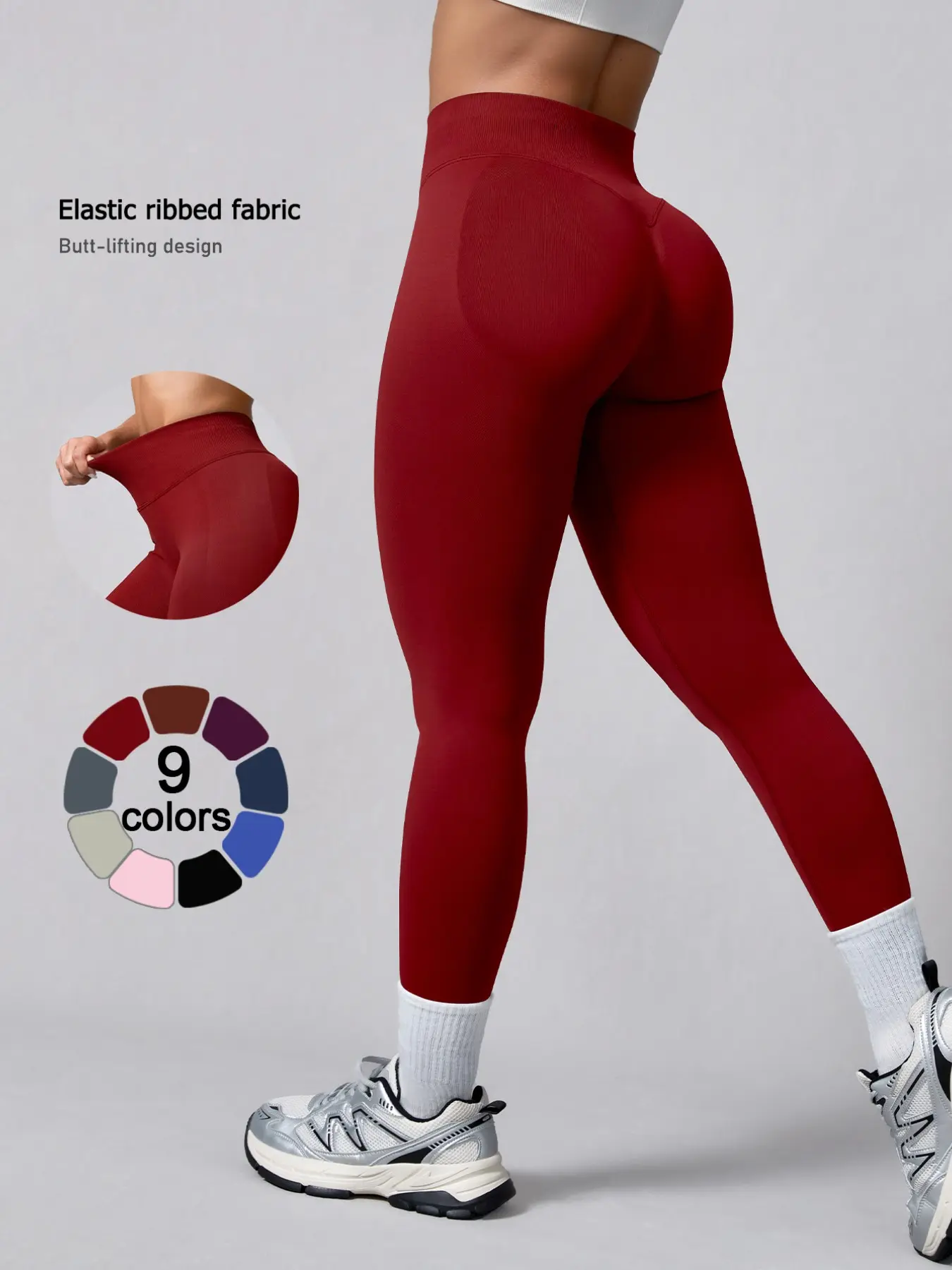 Women's Solid Color High Waisted Sporty Leggings, Ribbed Slim Fit, Waist Cinching, Butt Lifting, All Seasons, Plain Pattern, High Waisted Sportswear