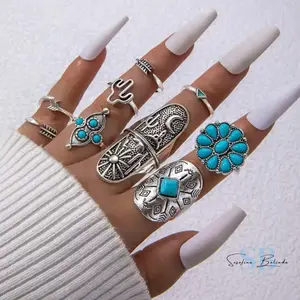 Southwest Moon Turquoise and Silver Boho Ring Set