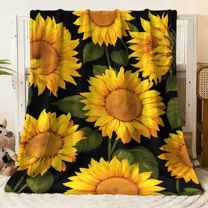 Sunflower Print Flannel Blanket - Cozy Soft Warm Throw for Bed Couch Sofa, Vibrant Yellow Sunflowers on Black Background, Lightweight Plush Fleece Blanket for All Seasons, Perfect Home Decor & Gi