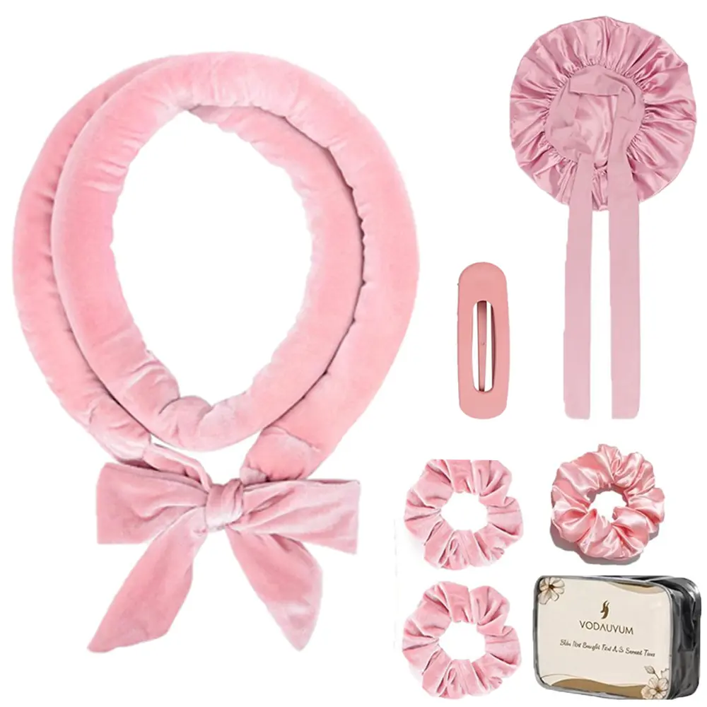Heatless Curls Set with Silk Satin Sleep Bonnet for Overnight Curls, 6-Piece Frizz Control Hair Curler Tool for Women, Works on All Hair Types, Bouncy Curls