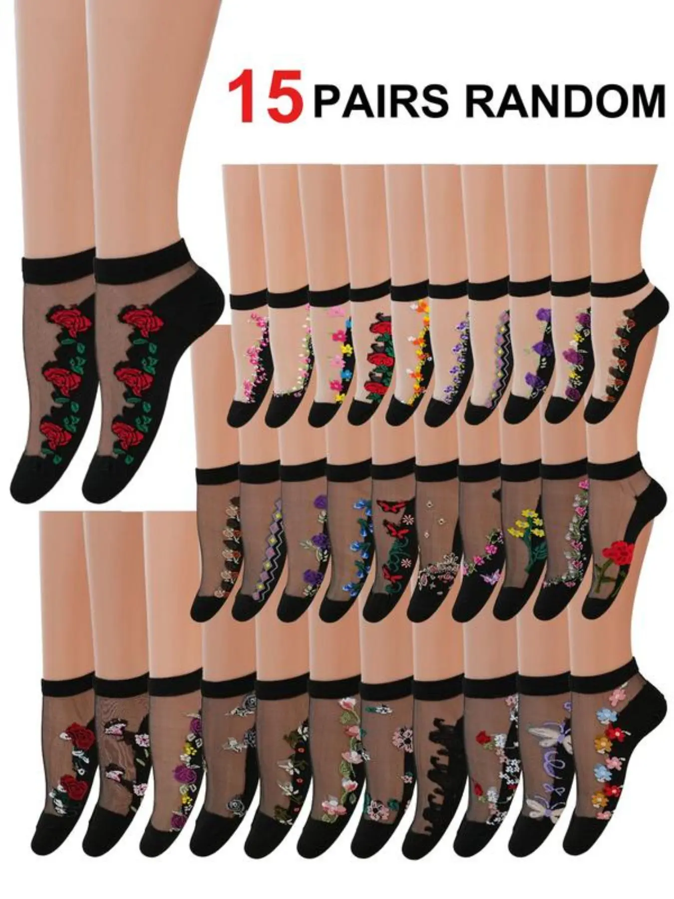 20 Pairs Women's Summer Breathable Sheer Floral Low Cut Socks, Thin Lightweight Crystal Silk Glass Fiber, Anti-Pill Floral Rose Embroidery, Cotton Bottom, Fashionable Trendy, Sexy Ice Sock