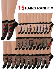 20 Pairs Women's Summer Breathable Socks, Thin Lightweight Crystal Silk Glass Fiber, Anti-Pill Floral Rose Embroidery, Cotton Bottom, Fashionable Trendy, Sexy Ice Sock