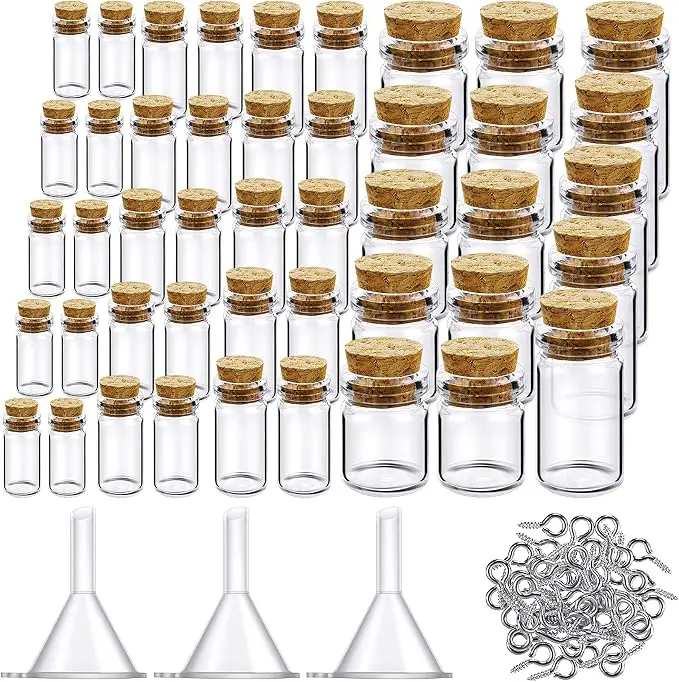 45-Pack Mini Glass Jars with Cork Lids Tool Kit, 5 Sizes (0.5ml-10ml) - Tiny Empty Bottles with 3 Funnels & 50 Screws for Witchcraft, Herb Storage, DIY Crafts