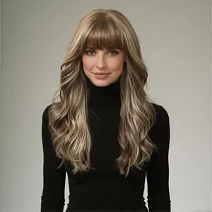 Nati -DWY New Technology! Bionic Silk Top 22-Inch Long Wave Linen Brown Glueless Synthetic Wig with Bangs for Women High-Quality Premium Fiber Easy Wear Comfortable Fit
