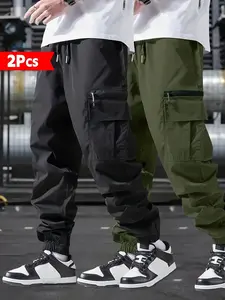 Men's Summer Fashion Solid Color Cargo Pants, Loose-Fit Straight Leg Trousers, Zipper Large Pockets, Outdoor Casual Long Pants