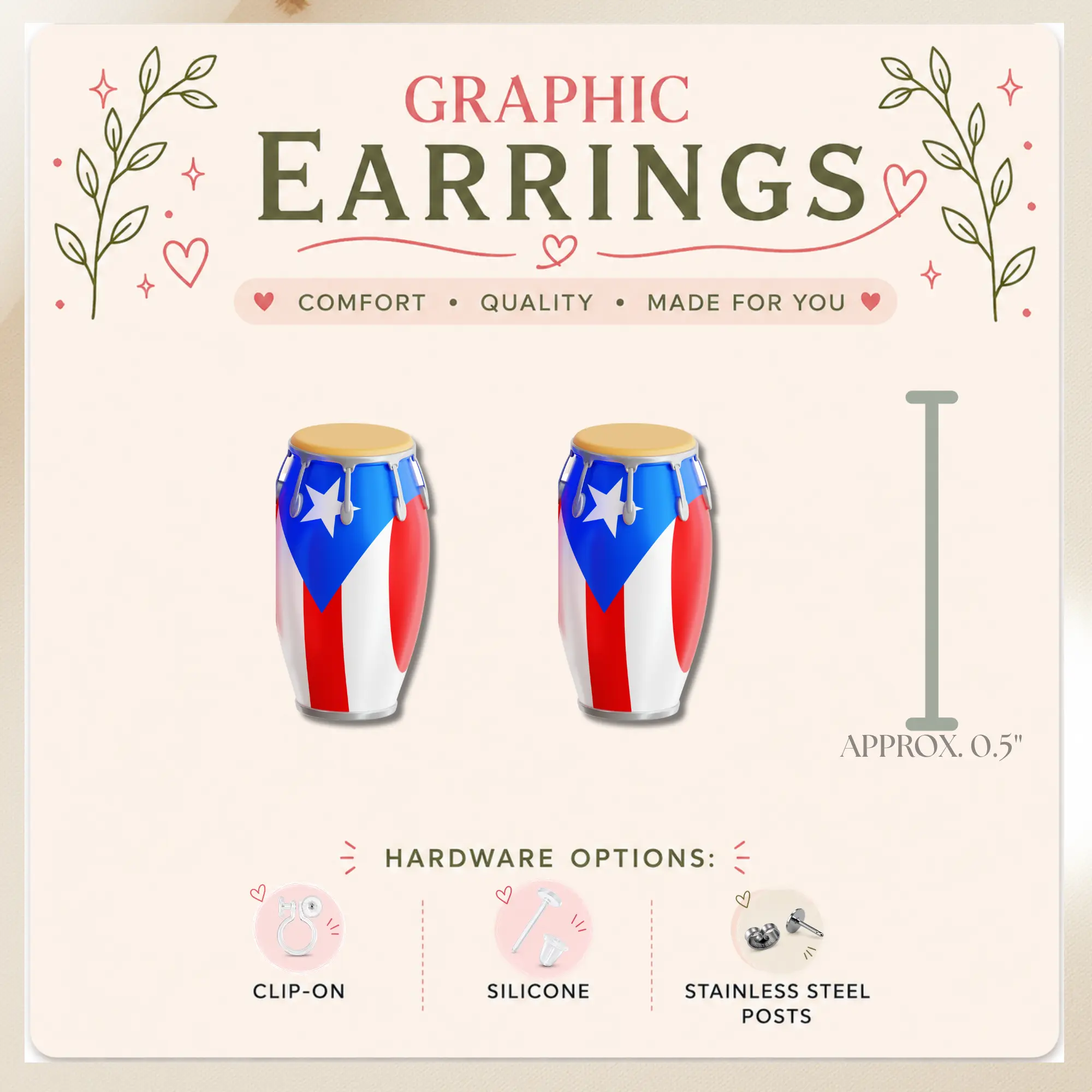 Puerto Rico Coquí Drum Stud Earrings, Puerto Rican Flag Drum Earrings, Boricua Music Jewelry, Resin Sealed Studs