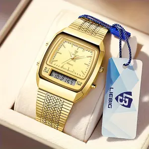 LIEBIG Men'S Fashionable Zinc Alloy Digital Watch with Glow, Double Display, World-Time, Date, and Water-Resistant Stainless Steel Strap