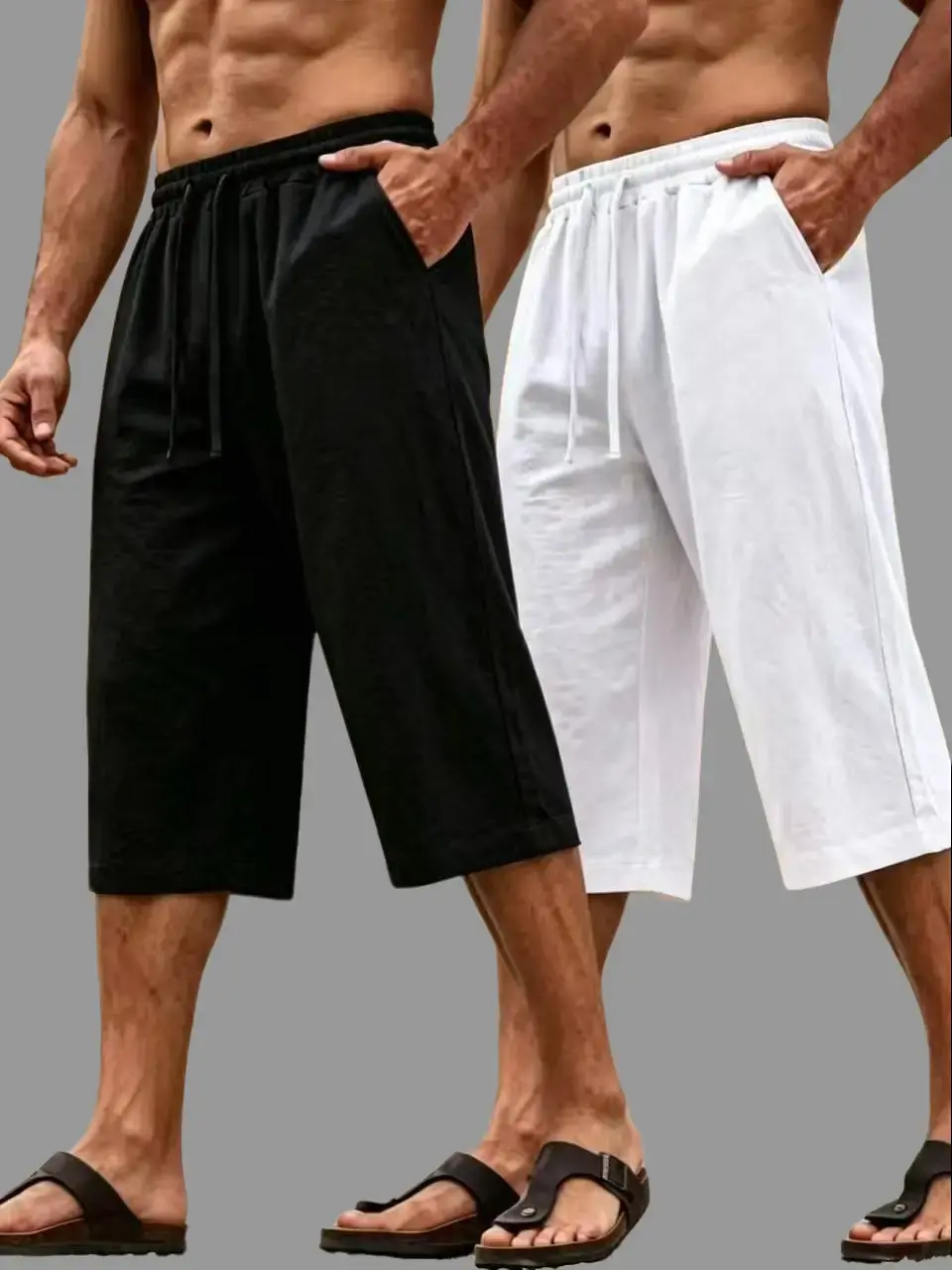 Men's 2-Pack Casual Cropped Trousers, Solid Textured Breathable Fabric with a Drawstring Waist for Outdoor Summer Travel