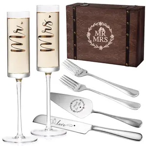 Mr and Mrs Champagne Flutes - Gold Print Wedding Glasses and Toasting Flutes with Cake Knife Server Set - Drinkware