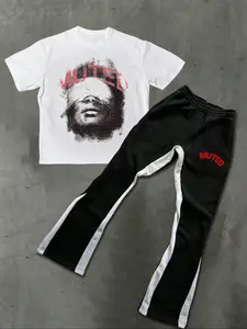 Men's Colorblock Letter Print Sweatshirt & Drawstring Waist Pants Set, Outfit, Regular Fit Casual Round Neck Long Sleeve Pullover & Pocket Trousers, Men's Fall & Winter Clothes, Fitted