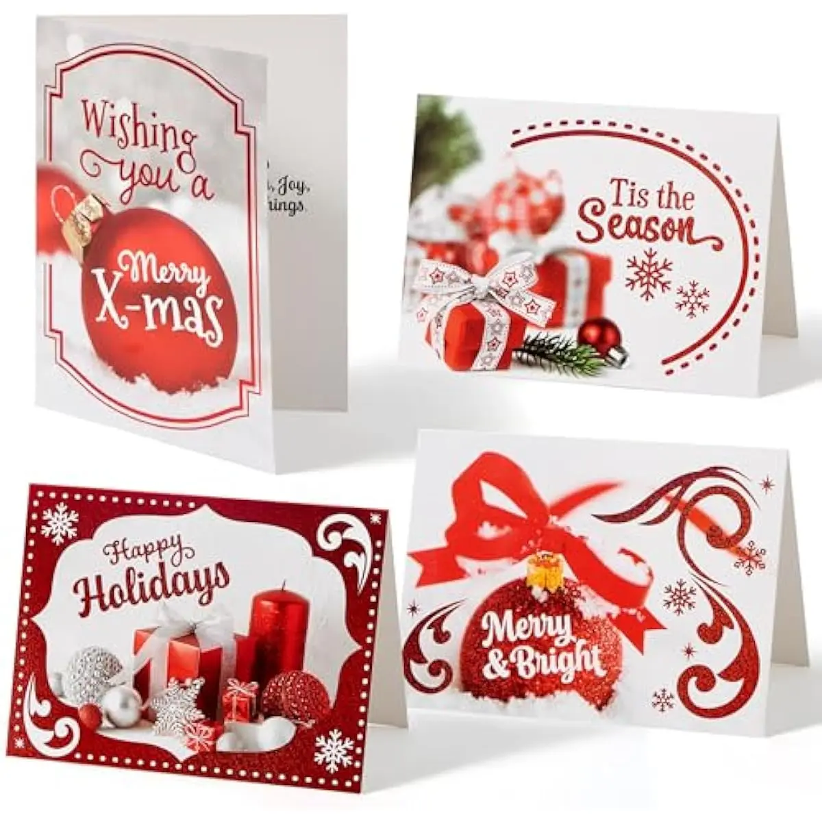 24PCS Christmas Holiday Cards Set of 4 Diverse Red Festive Designs with Envelopes for Merry Christmas Season, present Giving, Xmas Gifts Cards, Wintertime Gifts Cards