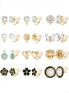 12 Pairs Comfortable Clip on High Quality Earrings for Women, Sparkling Crystal Butterfly Flower Design, Non Piercing Jewelry for All Seasons