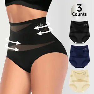Lucky 3-Pack High-Waist Shaping Panties for Women - Seamless Ice Silk Mesh Control Briefs Tummy Slimming & Butt Lifting Underwear Shapewear Nylon Smooth Corset Breathable Everyday Fabric underwear Triangle Basic Womenswear Compression Spandex Minimalist