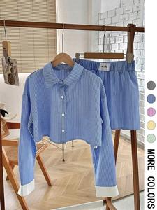 women's striped print button front shirt & shorts two-piece set, long sleeve collared top & shorts for spring & fall, ladies clothes for daily wear, womenswear, outfit, matching sets for women, matching clothing set, casual fashion set, cozy lounge set