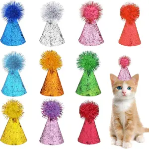 Mini Party Hats for Stuffed Animals, 10 PCS Colorful Birthday Hats Adjustable Glitter Happy Birthday Cone Hats Reusable Birthday Party Top Hats with Pom Poms for Women Men Pets Birthday Party Supplies