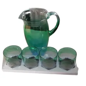 Reusable 1 Green Plastic Pitcher and 4 Matching Cups Set for Party, Beach, Picnic, and Cookout Drinkware