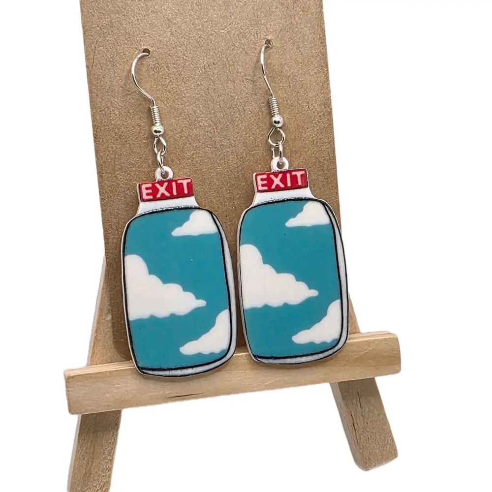 Humorous Airplane Exit Earrings Blue Cloud Design with Clear Accents Lightweight Plastic Material Elegant and Fun Accessory for Quirky Looks