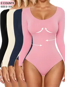 Women's Ribbed Abdomen Control Bodysuit, Long Sleeve Seamless T Shirt,Comfortable Scoop Neck Body Suit Stretchy Basic Tops, Fit Soft Elastic Fabric, Perfect For Daily Wear and  Going Out,Shapewear For All Seasons, Underwear