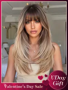 22 Inch Straight Hair Wig with Bangs, Heat Resistant Synthetic Fiber, Fashionable Natural Look, Medium Length, Curly Design, Synthetic Material Wigs