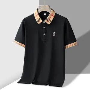 1 piece men’s casual multifunctional short-sleeve polo shirt with letter embroidery; classic plaid striped color-block men’s polo shirt