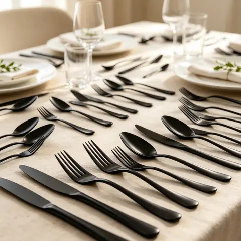 Sebastian CADIA Food-Grade Steel 30/48/60-Piece Heavy-Duty Stainless Steel Cutlery Set - BPA-Free, Reusable, Dishwasher-Safe Black Fork/Knife/Spoon, Chip Resistant - Adult Everyday Irregular Tableware for 6-10 People - Dinner Sets, Home Essentials