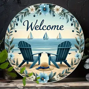 Floral Border Round Iron Sign, Beach Chairs Round Wall Decor Welcome Sign Rustic Metal Wall Art, Blue Sky 8*8in Sign, Metal Wall Decor, Wall Decor Signs for Home, Garage, Dining Room, Cafe