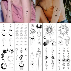 Realistic Moon Sun Stars Space Planets Chain Temporary Tattoos Vertical Spine Tattoo Stickers for Women Men
