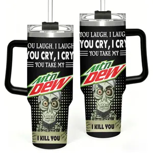 Funny Skeleton Tumbler with Handle, "You Take My Mtn Dew I Kill You" Sarcastic Cup, Travel Mug, Gag Gift for Friends, Soda Lover Gift, 40oz Stainless Steel Tumbler