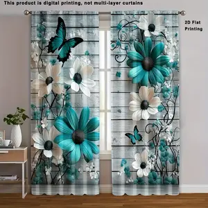 2 pieces, farmhouse daisy curtains, floral and butterfly design, blue and white countryside background, pole pocket style, semi shaded, Home Textile, suitable for home living room, bedroom, balcony, kitchen window decoration, easy to clean