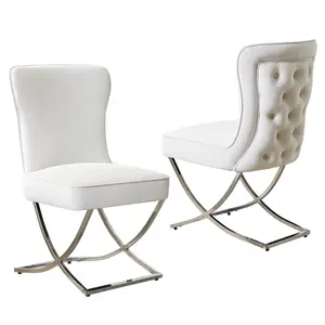 Luxury Velvet Dining Chairs, Tufted Upholstered Armless Accent Chairs with Silver Metal X-Legs, Modern Glam Dining Room Chair Set of 2