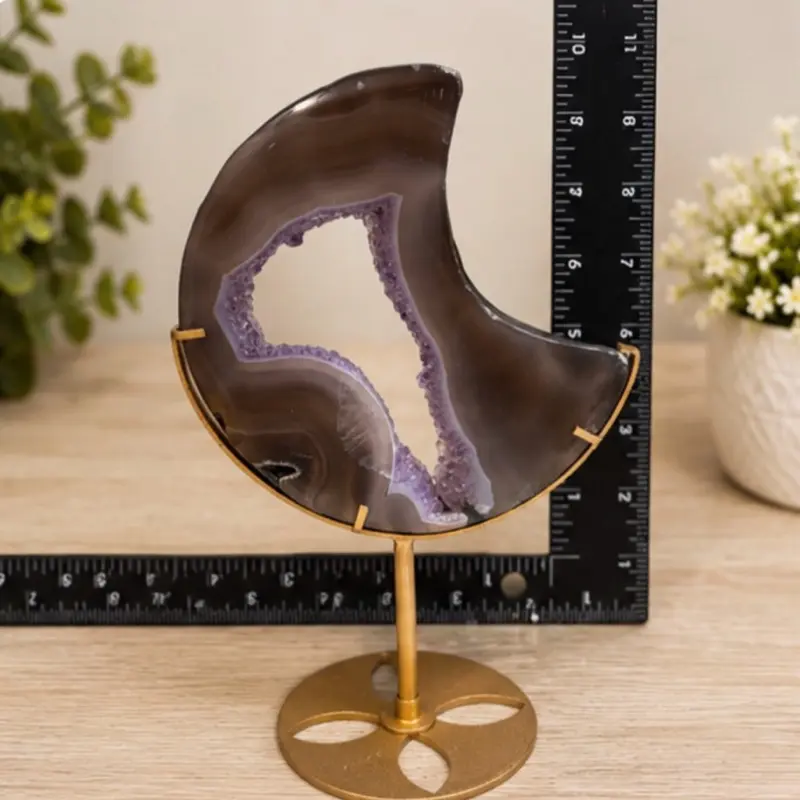 Purple Druzy Agate Crescent Moon Decor, Gold Stand Display Piece