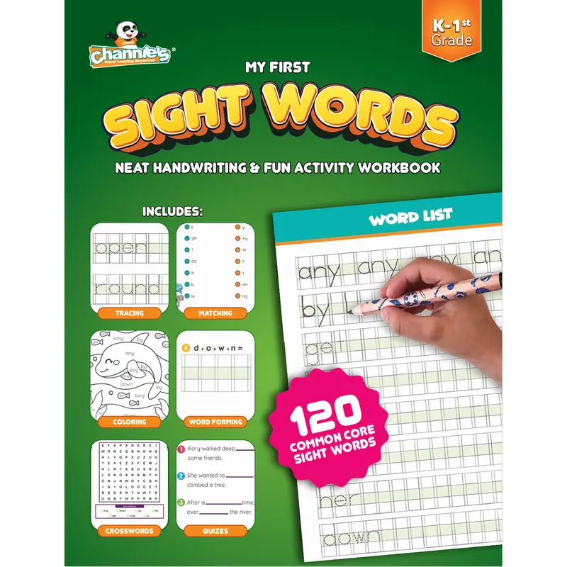 Channie's My First Sight Word Neat Handwriting & Fun Activity Workbook, Tracing Preschool Books with 120 Common & Beginning Learning Sight Words, School Classroom Supplies for Classroom or Home Use