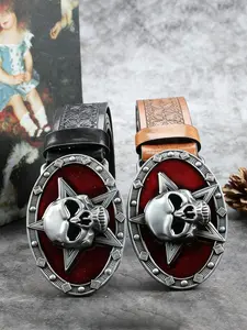 Men's Punk Style Skull Buckle Belt, Vintage Floral Star Grid Waistband, Versatile Casual Pants Strap, Unique Fashion Accessory