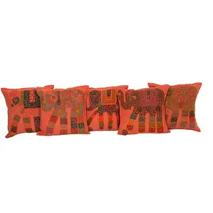 Kantha Patchwork Elephant Orange Cushion Covers Decorative Pillow Case