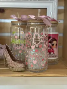 Bows and more 20 oz Glass Can Cup with Straw and Lid Pink Design Reusable Ideal for Beverages Drinkware