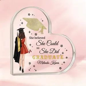 She Believed She Could So She Did Graduation Acrylic Plaque, Inspirational Graduation Keepsake Gift for Her, Acrylic Heart Shaped Sign with Gold Glitter Details for Graduation Party Decoration