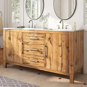 VanAcc High Gloss 60" Bathroom Double Vanity with Sink, Wood Grains Bathroom Cabinet with Storage & Aluminum Handles & Soft Closing Doors, Retro, Yellow Oak