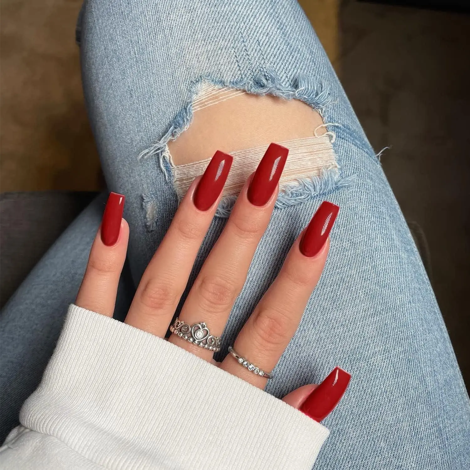 XCREANDO Red Solid Press-On Nails - Medium-Long Square Shaped & Coffin Thick Acrylic Glue-On Artificial Nails for Women's Holidays, Square Shaped Nails