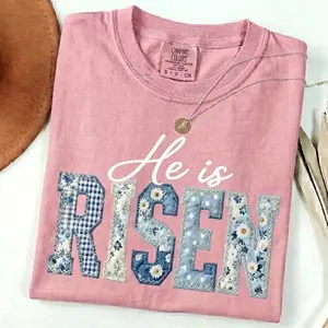 Comfort Colors PRINTED He is Risen Blue Toile Patchwork Easter T-shirt, Chinoiserie Shabby Chic, Cottagecore Jesus Varsity Faith, Blue White Quilt