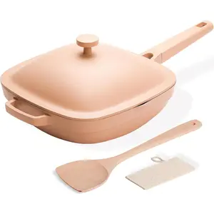 Non Stick Frying Pans Cast Aluminum Deep Sauté Pans, 10.5 Inch(3.8QT) Ceramic Pan with Lid, Ti-Ceramic Non Toxic Pix Pan with Wooden Spatula and Scrubber-Desert Clay