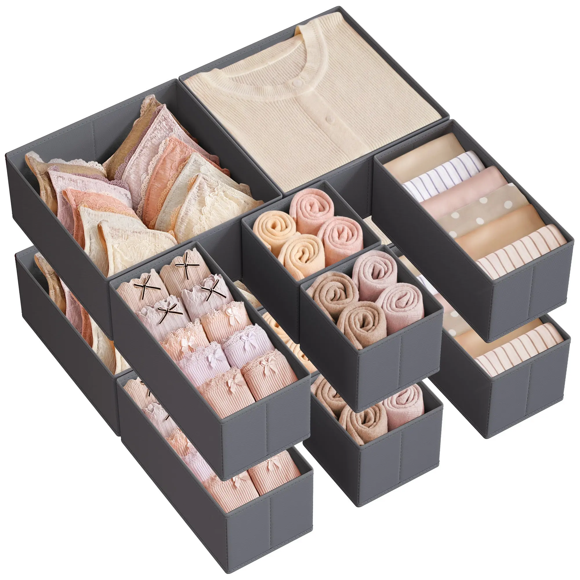 SONGMICS Drawer Organizer, Dresser Drawer Organizers, Set of 12, Foldable Fabric Storage Bins for Socks, Underwear, Bras, Ties, Scarves, Slate Gray URDZ006G03